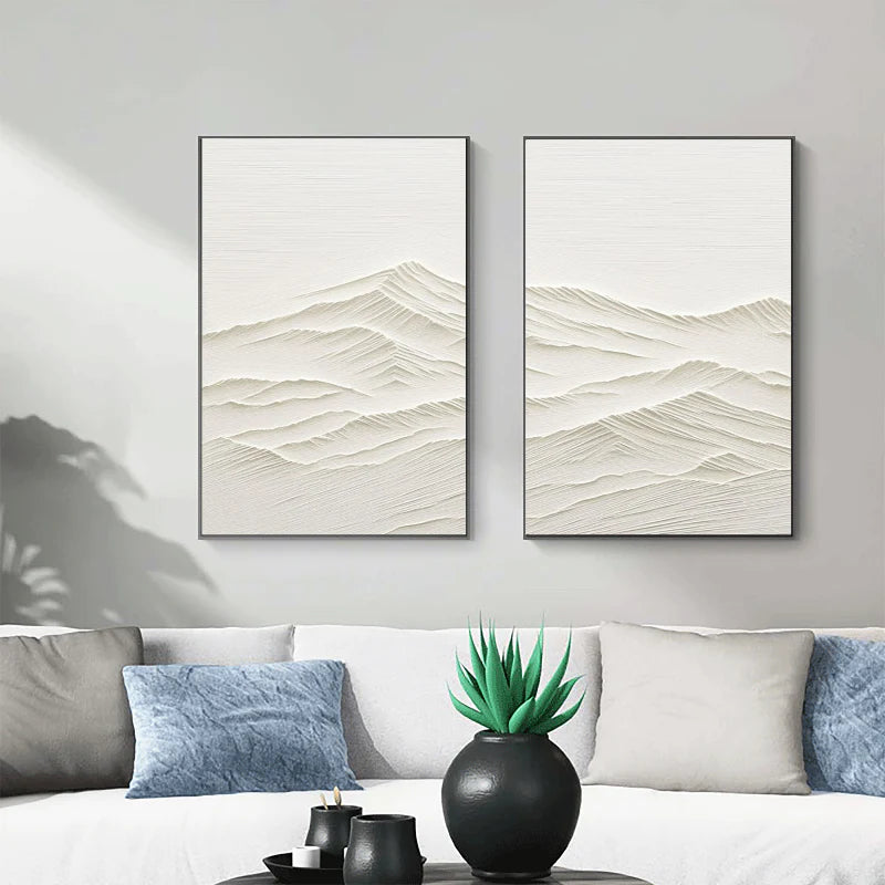 White Minimalist Mountain Textured Canvas Art Set of 2 #BT005