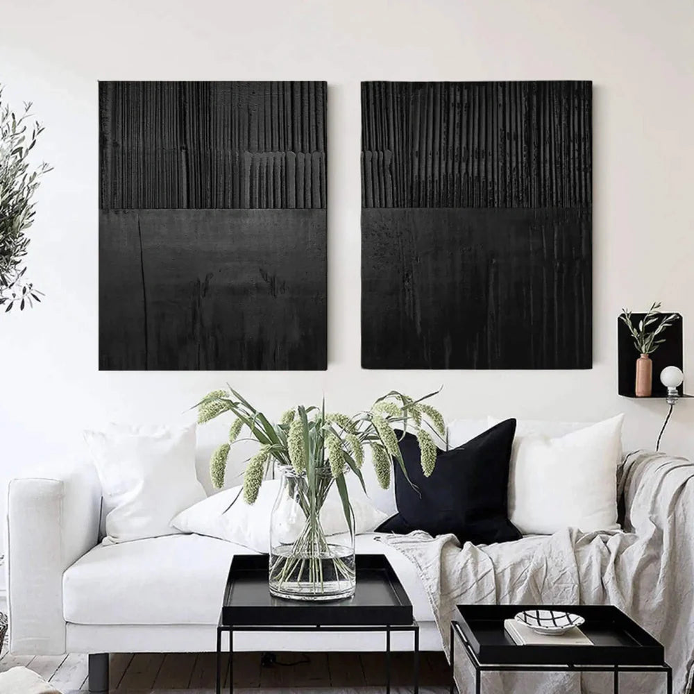 Black Minimalist Textured Canvas Art Set of 2 #WZ038