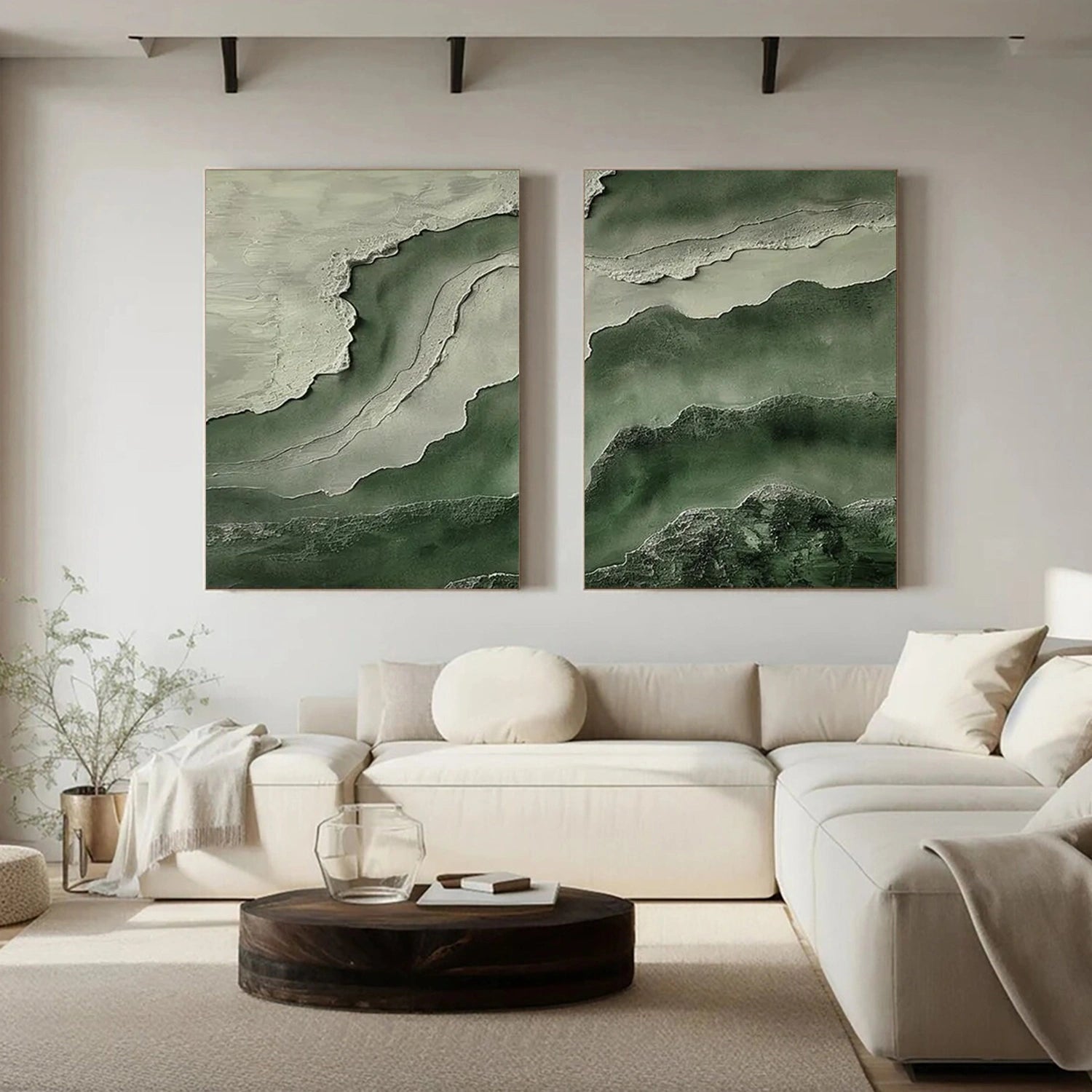 Green Minimalist Ocean And Sky Textured Canvas Art Set of 2 #OC111