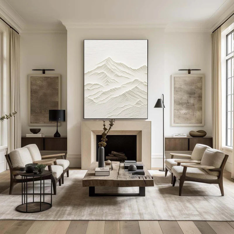 White Minimalist Mountain Textured Canvas Art #BT001