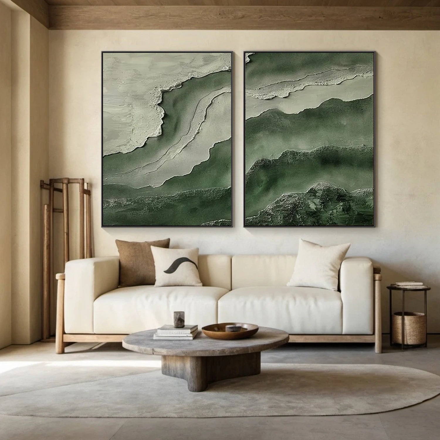 Green Minimalist Ocean And Sky Textured Canvas Art Set of 2 #OC111