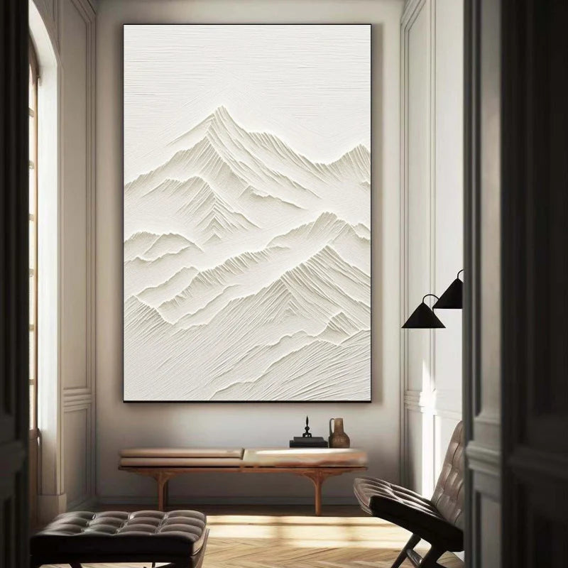 White Minimalist Mountain Textured Canvas Art #BT001