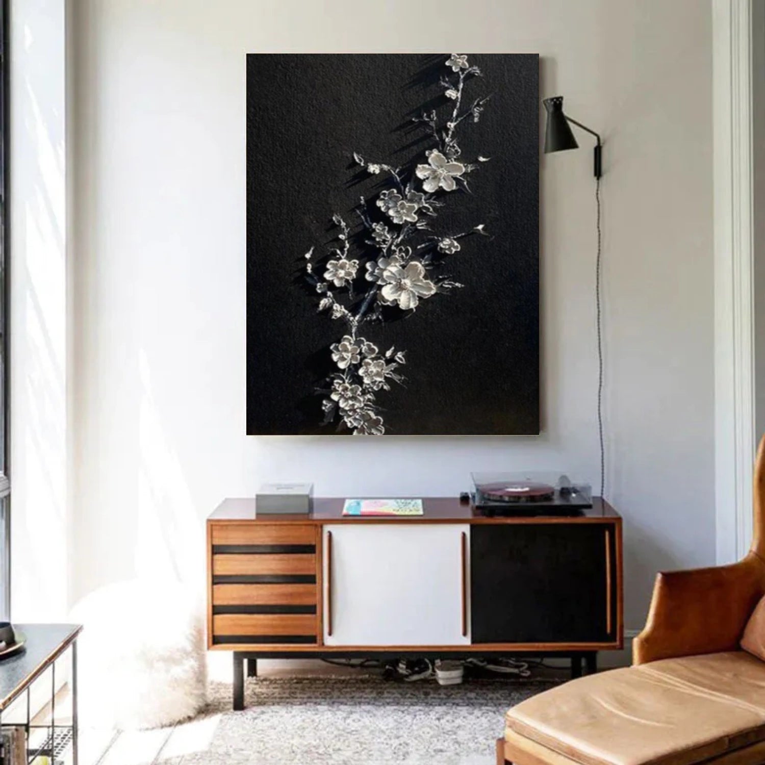 Black & White Minimalist Flower And Tree Textured Canvas Art #MF078