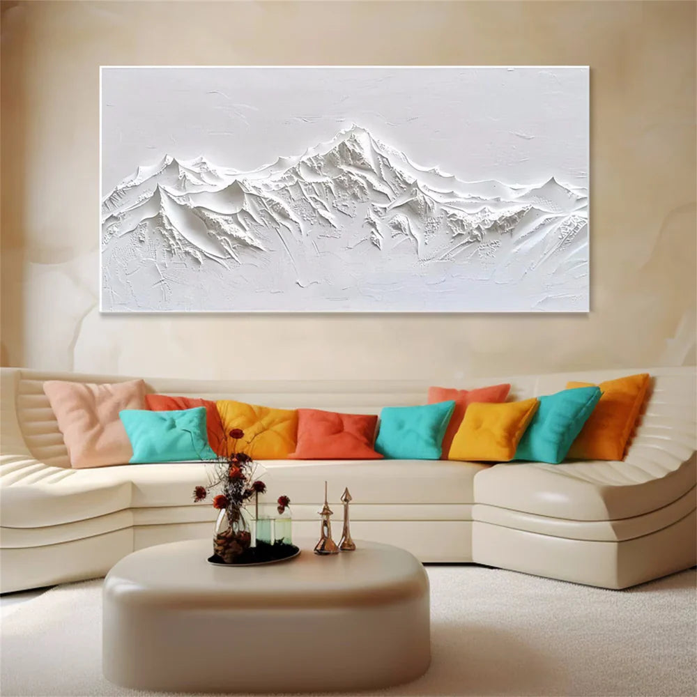 White Minimalist Mountain Textured Canvas Art #BT011