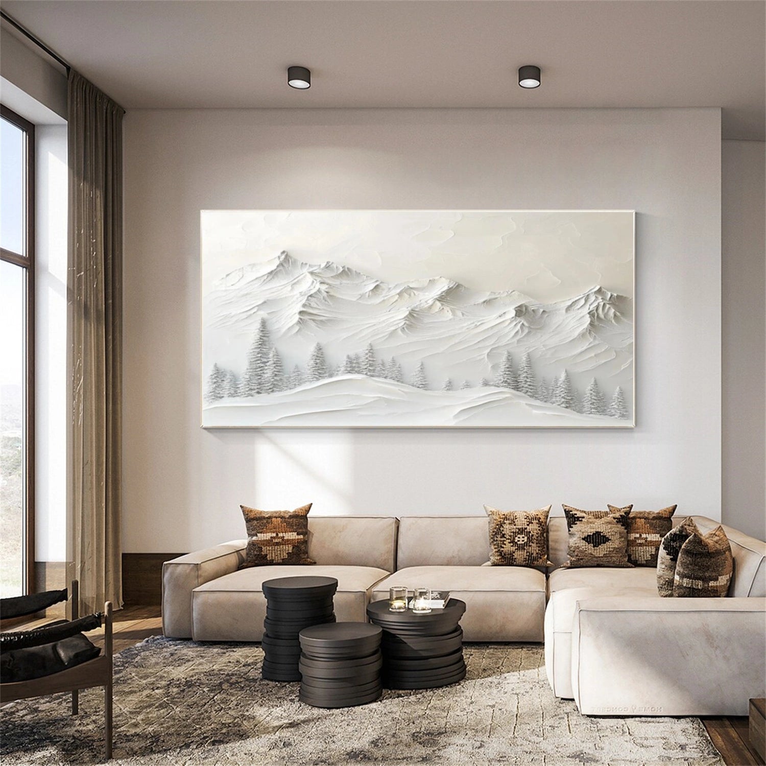 White Minimalist Mountain Textured Canvas Art #BT047