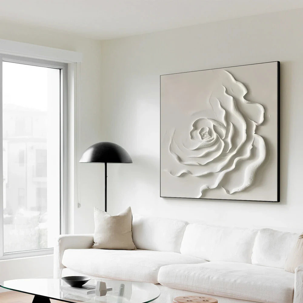White Minimalist Flower And Tree Textured Canvas Art #MF016