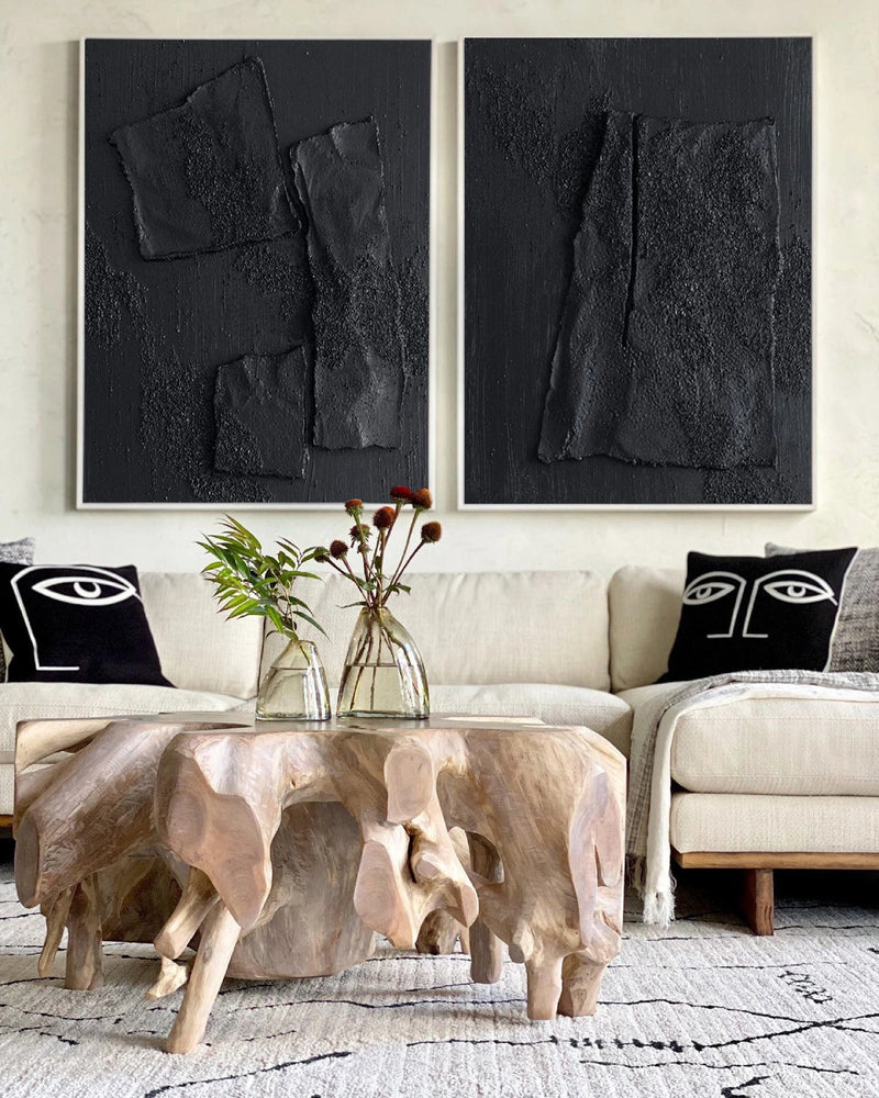 Black Minimalist Textured Canvas Art Set of 2 #WZ037
