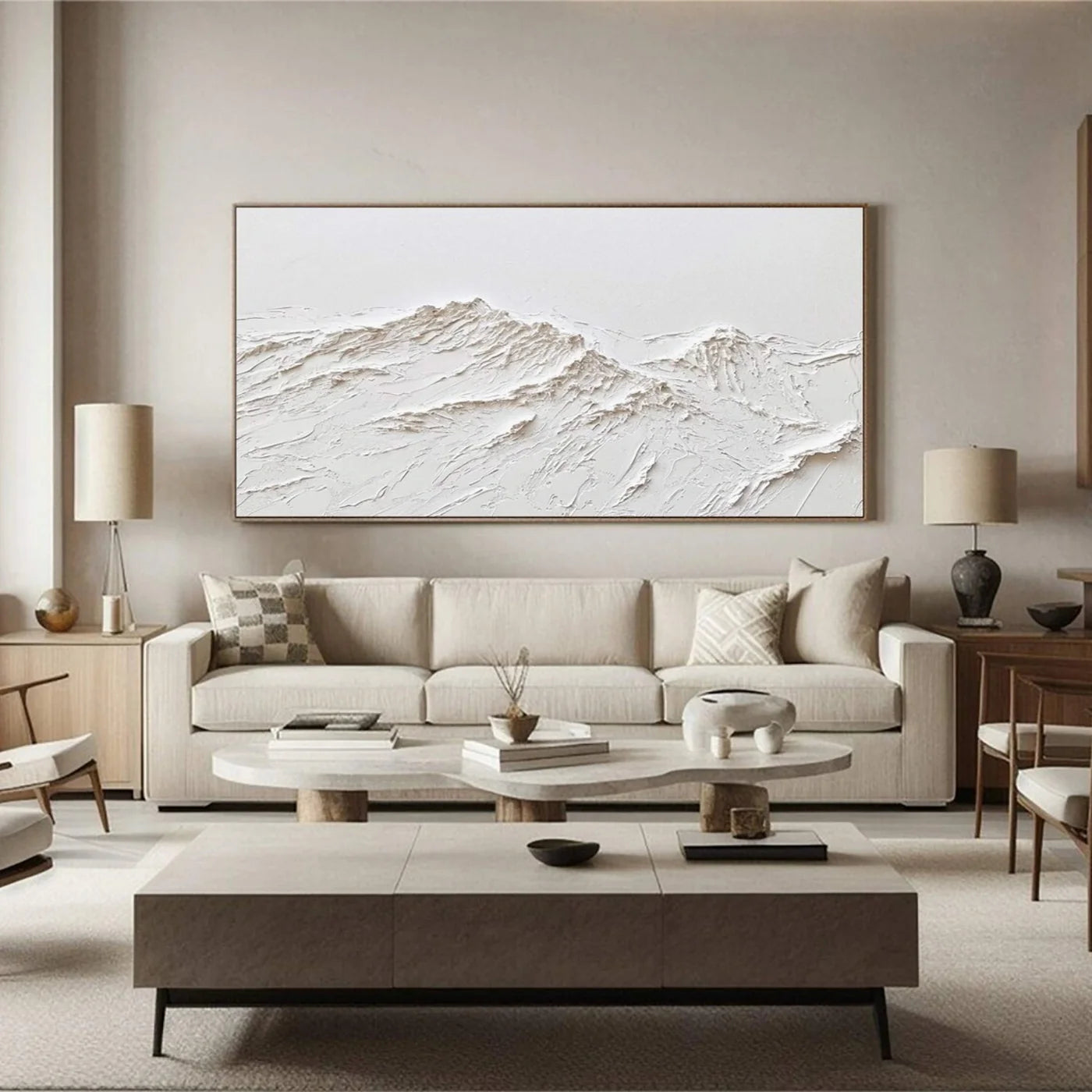 White Minimalist Mountain Textured Canvas Art #BT021