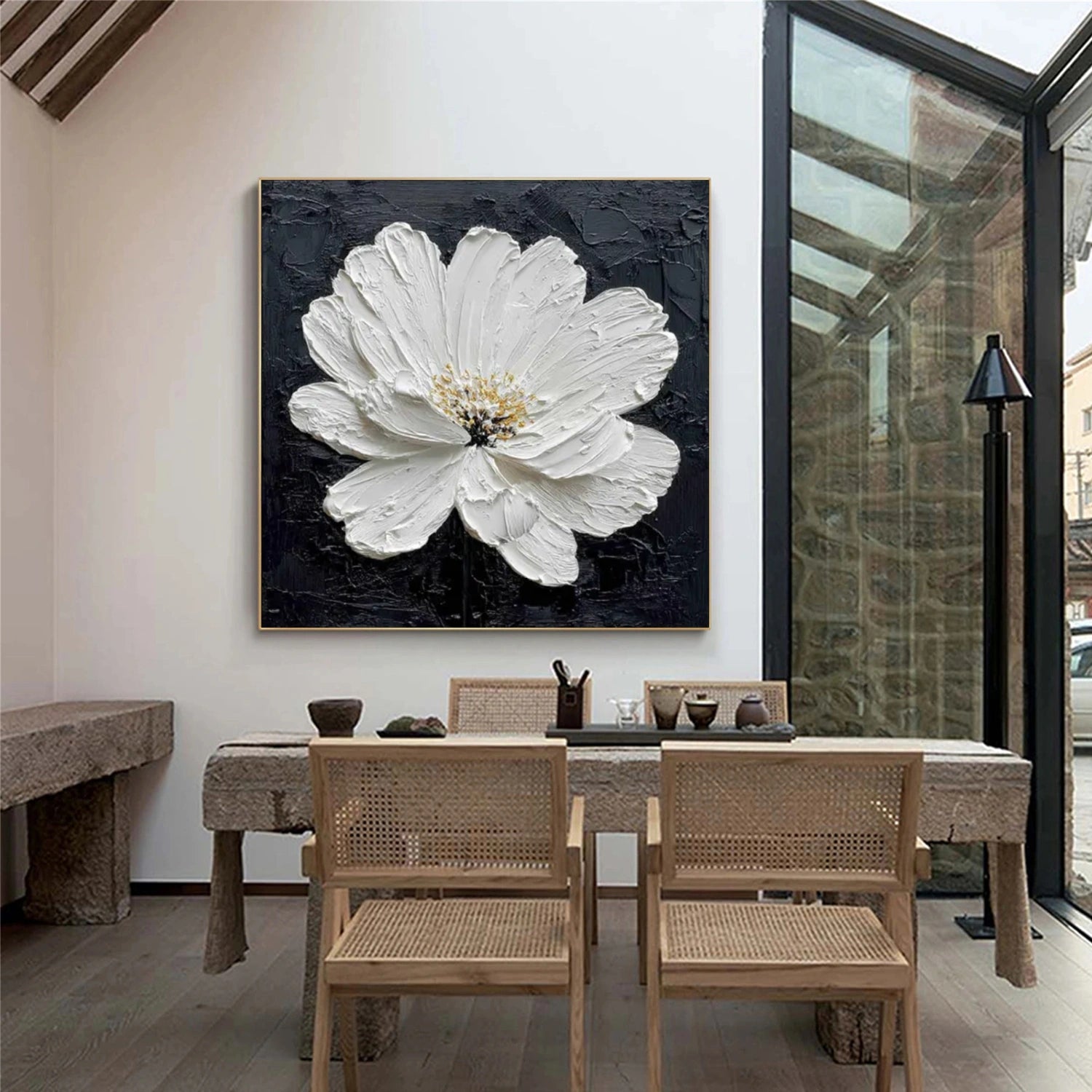 Black and White Minimalist Flower And Tree Textured Canvas Art #MF098