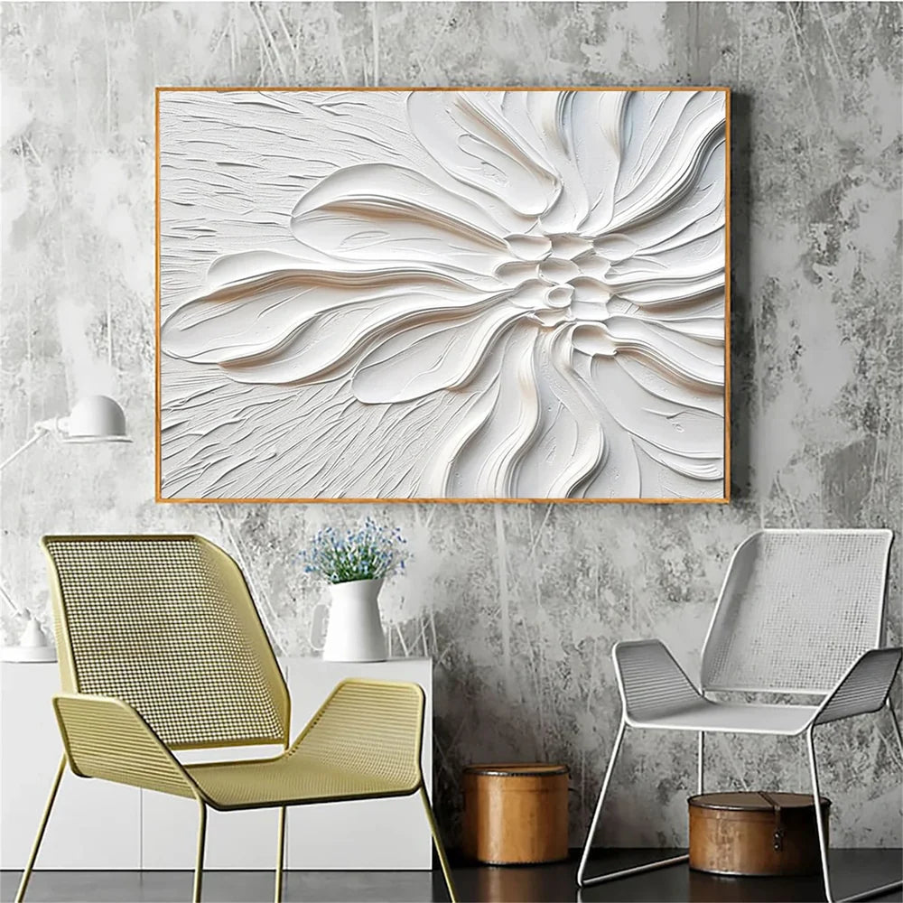 White Minimalist Flower And Tree Textured Canvas Art #MF020