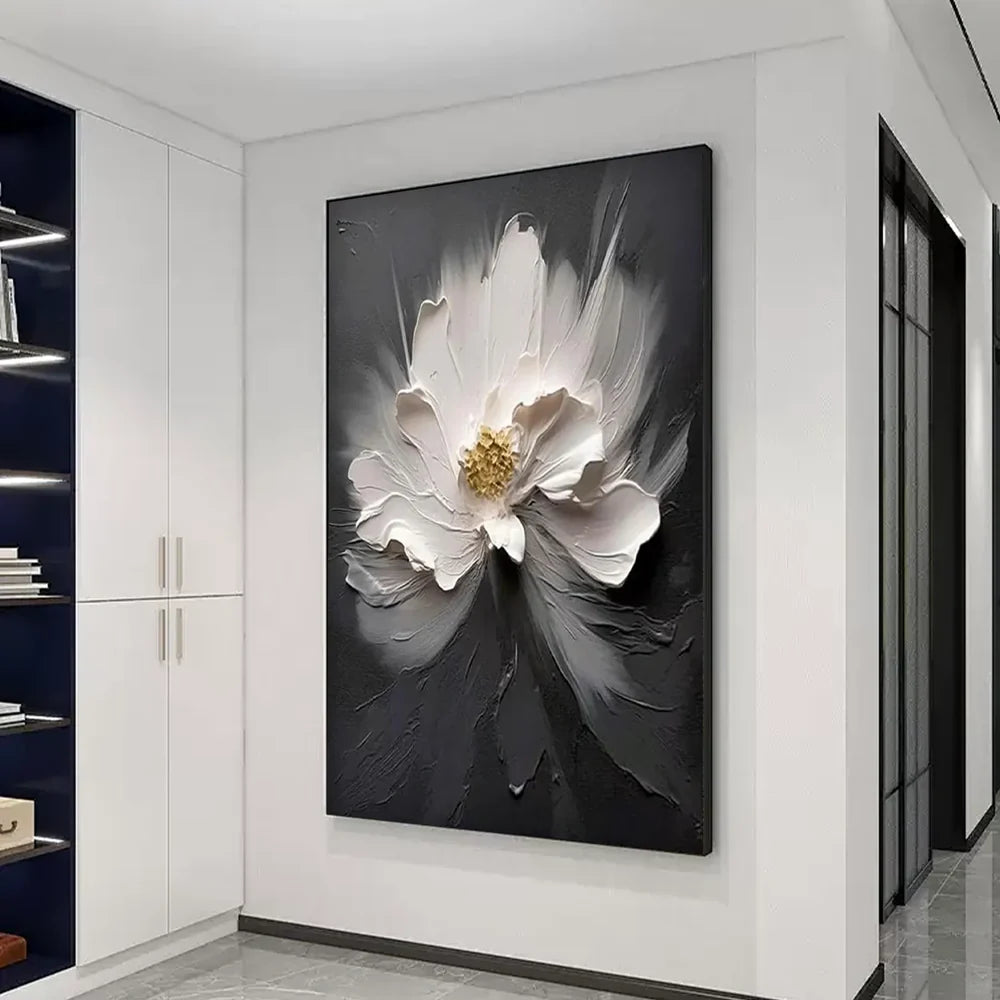 Black & White Minimalist Flower And Tree Textured Canvas Art #MF021