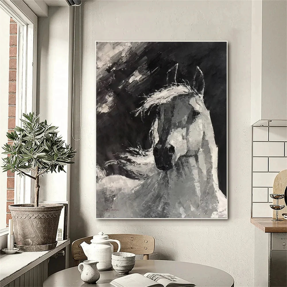 Black & White Abstract Animal Horse Canvas Art #DW028