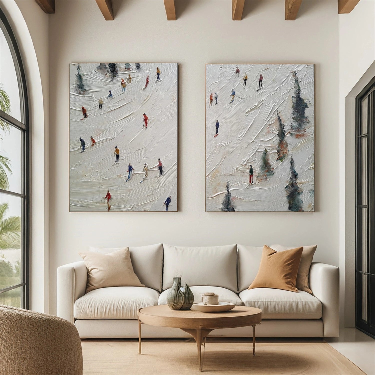 Skiing Sport Textured Canvas Painting Set of 2#PB068