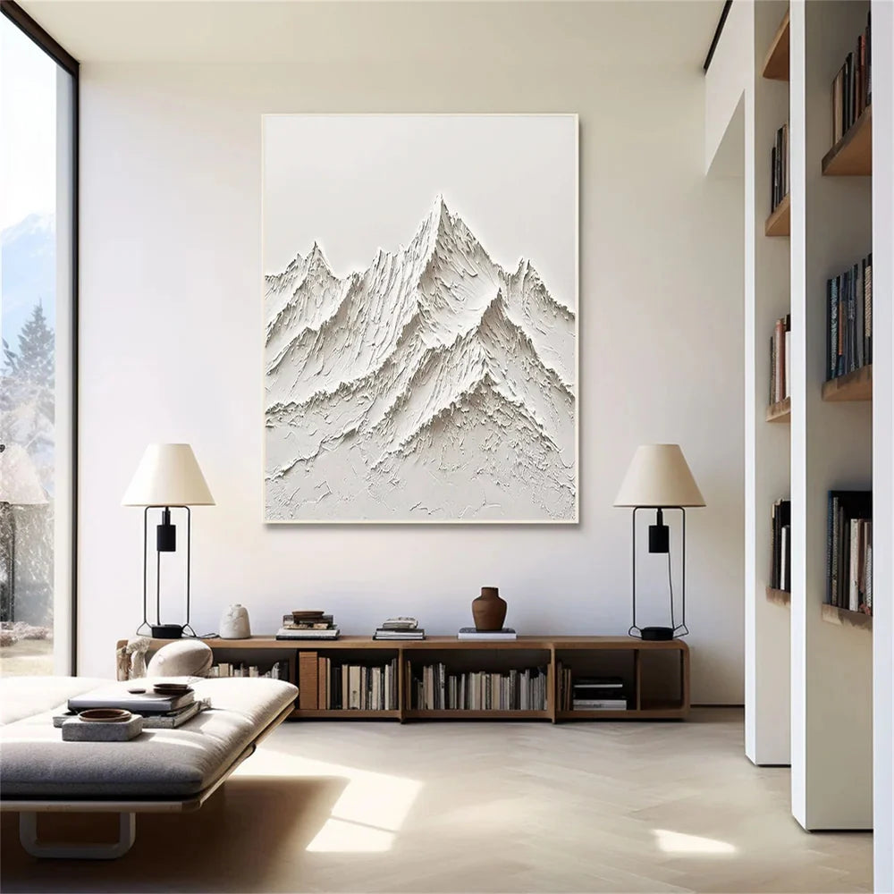 White Minimalist Mountain Textured Canvas Art #BT003