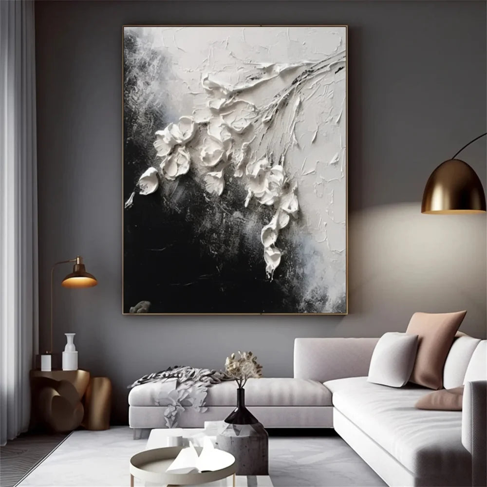 Black & White Minimalist Flower And Tree Textured Canvas Art #MF071
