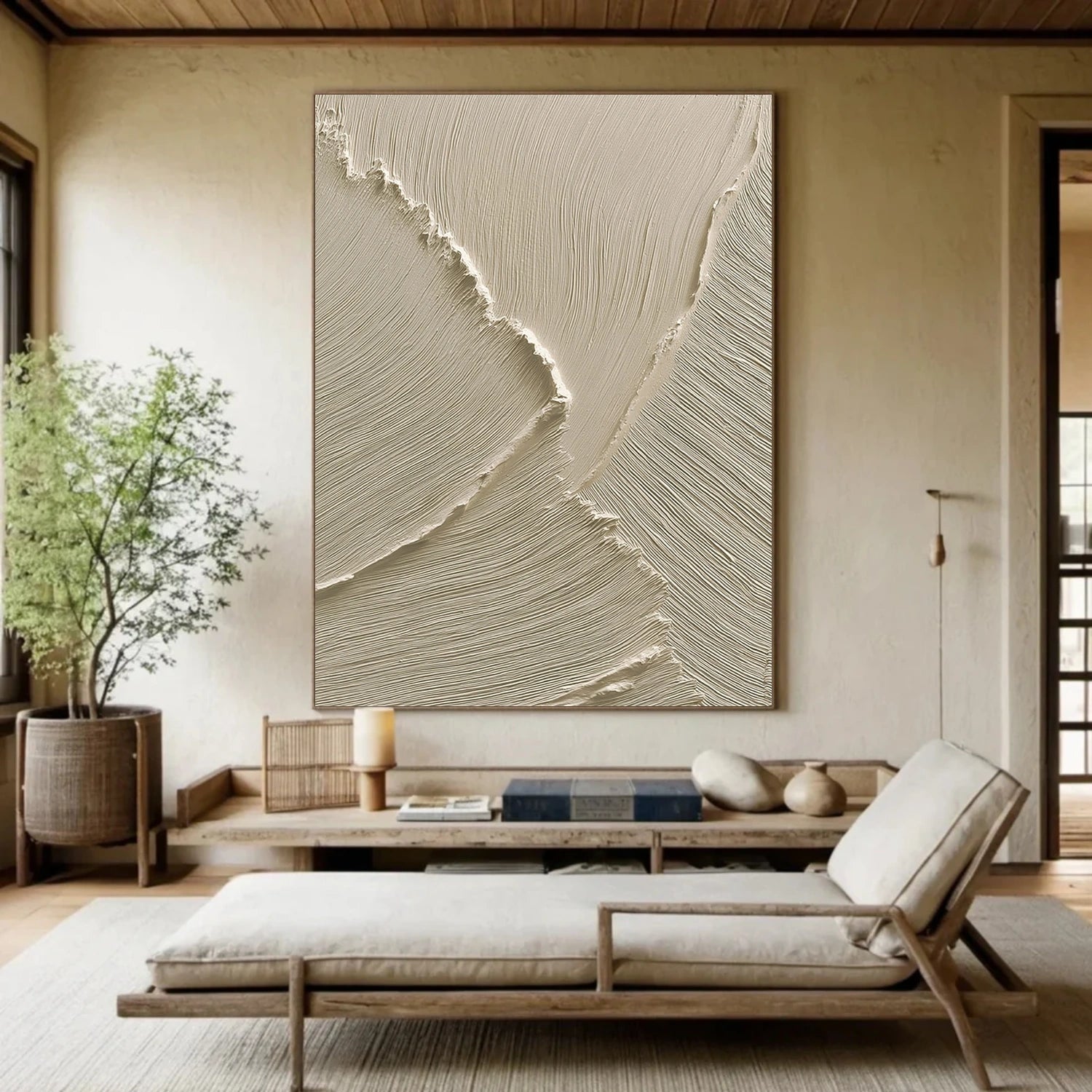 Beige Minimalist Ocean And Sky Textured Canvas Art #OC154