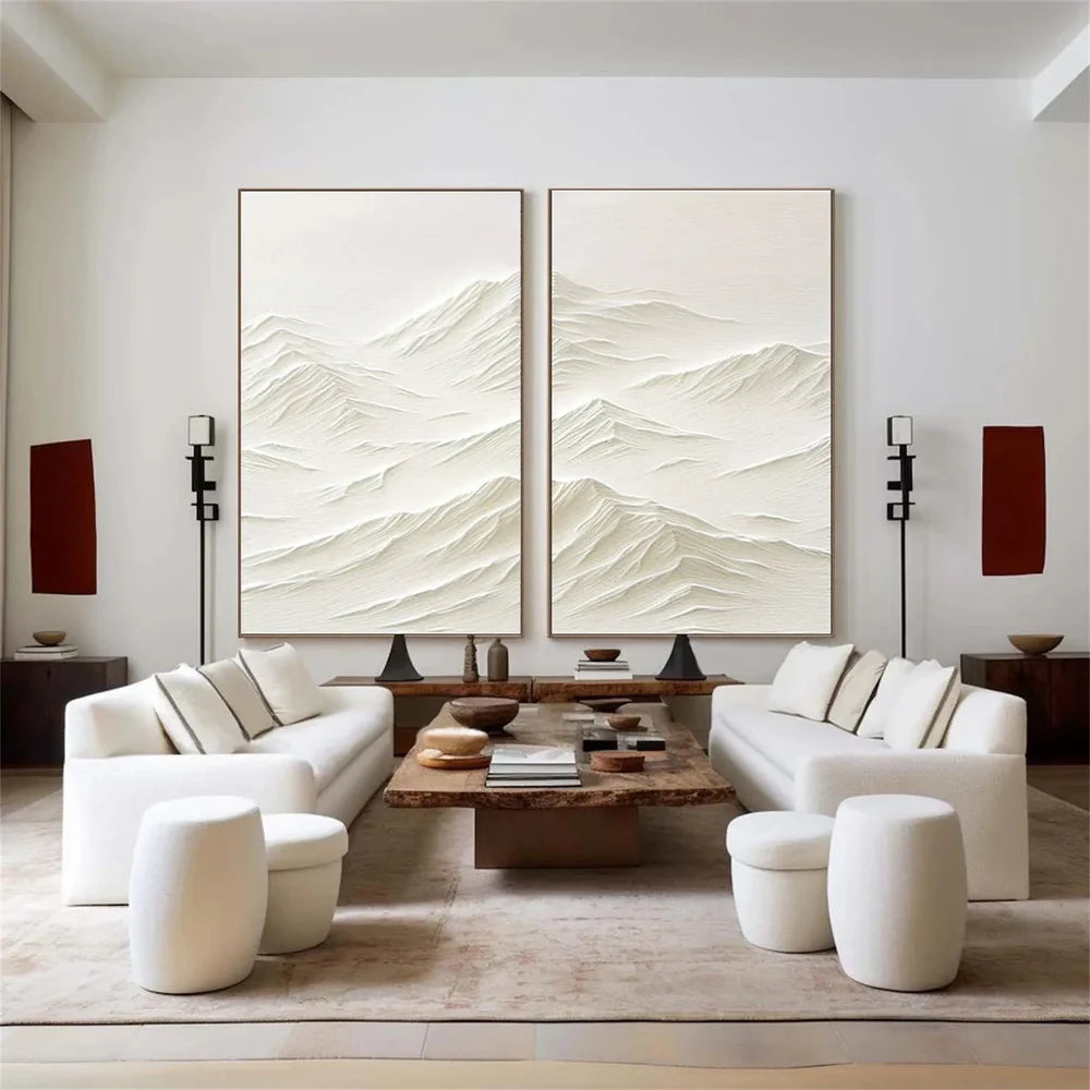White Minimalist Mountain Textured Canvas Art Set of 2 #BT006