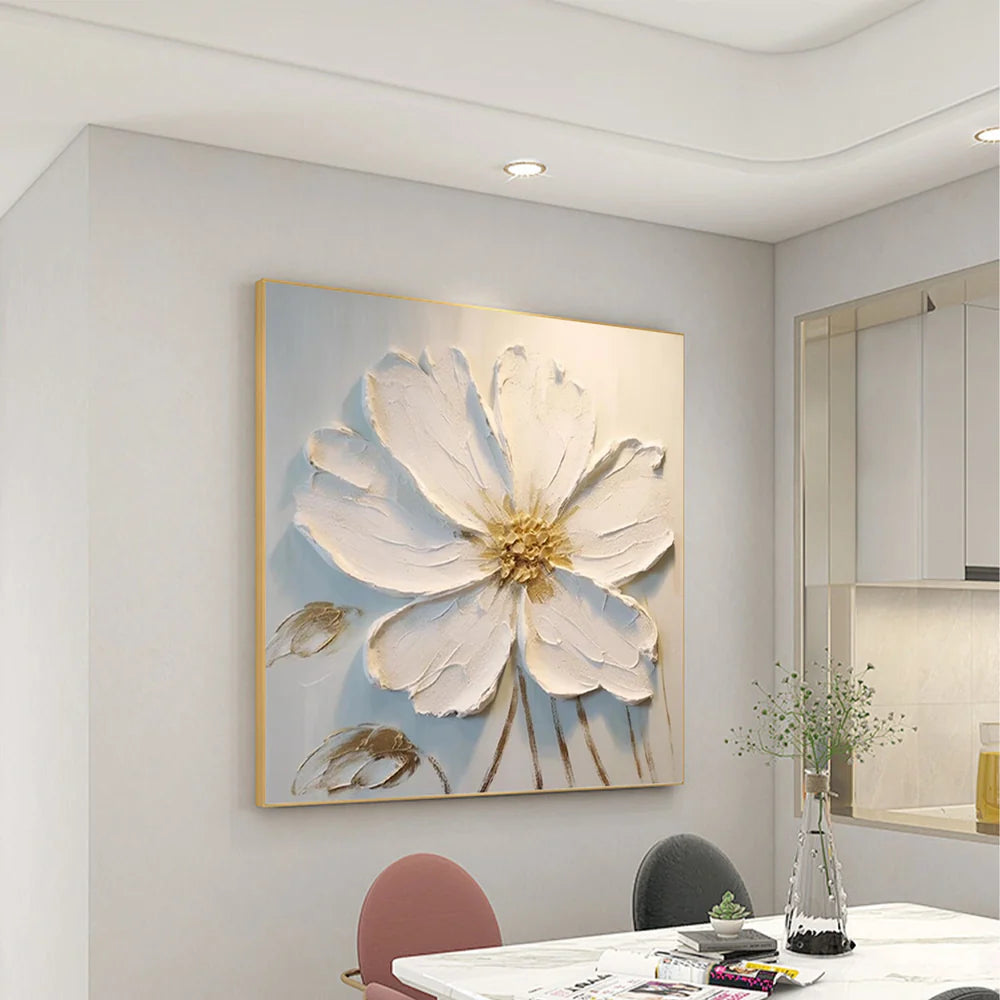 White Minimalist Flower And Tree Textured Canvas Art #MF017