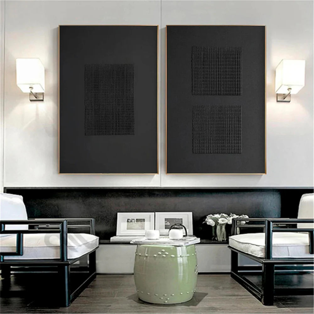 Black Minimalist Textured Canvas Art Set of 2 #WZ096