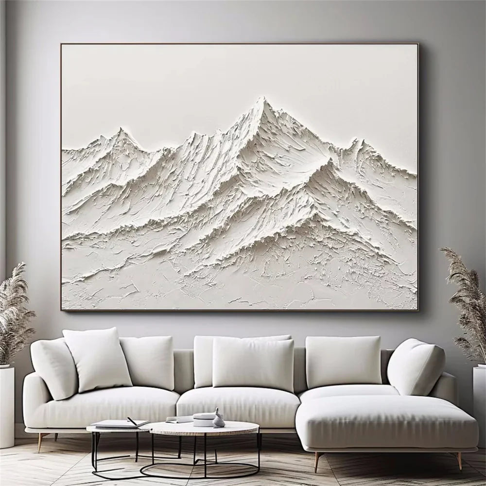White Minimalist Mountain Textured Canvas Art #BT009