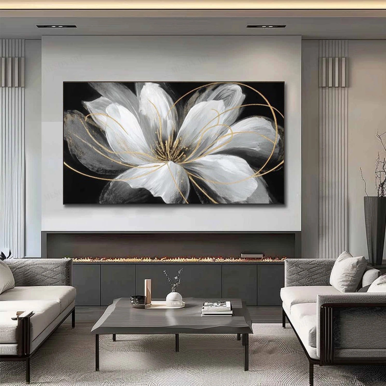 Black and White Minimalist Flower And Tree Canvas Art #MF169
