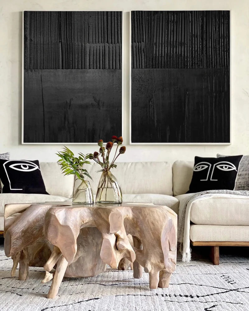 Black Minimalist Textured Canvas Art Set of 2 #WZ038