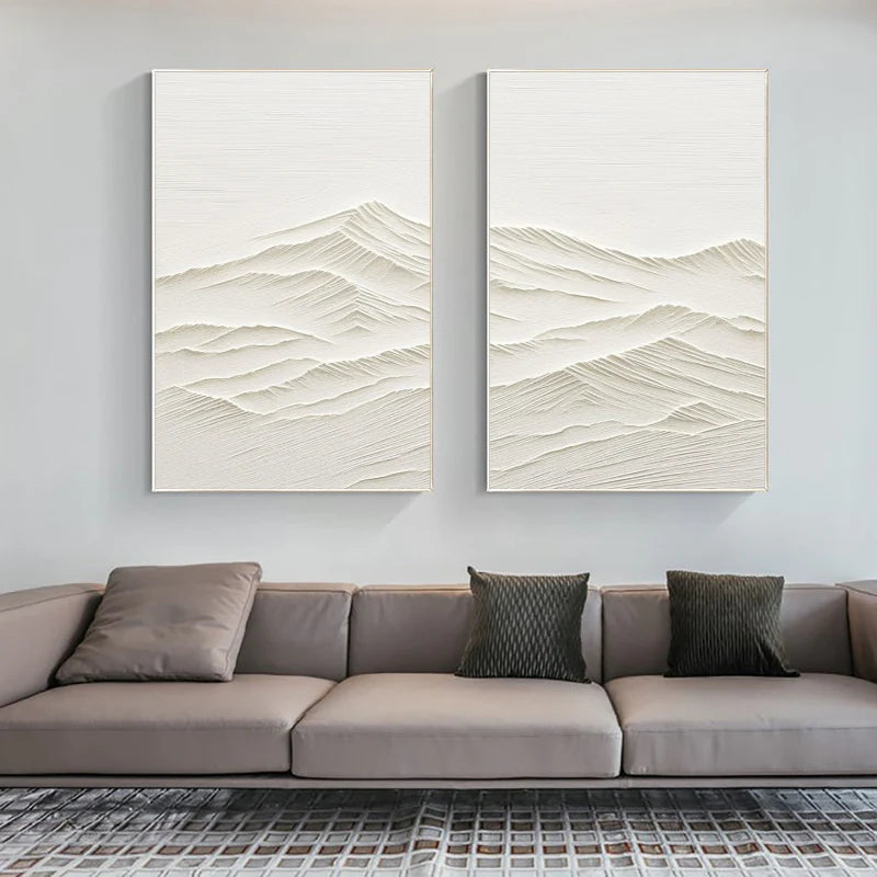 White Minimalist Mountain Textured Canvas Art Set of 2 #BT005
