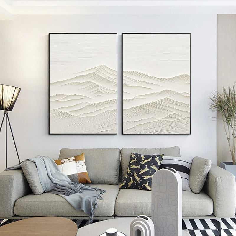 White Minimalist Mountain Textured Canvas Art Set of 2 #BT005