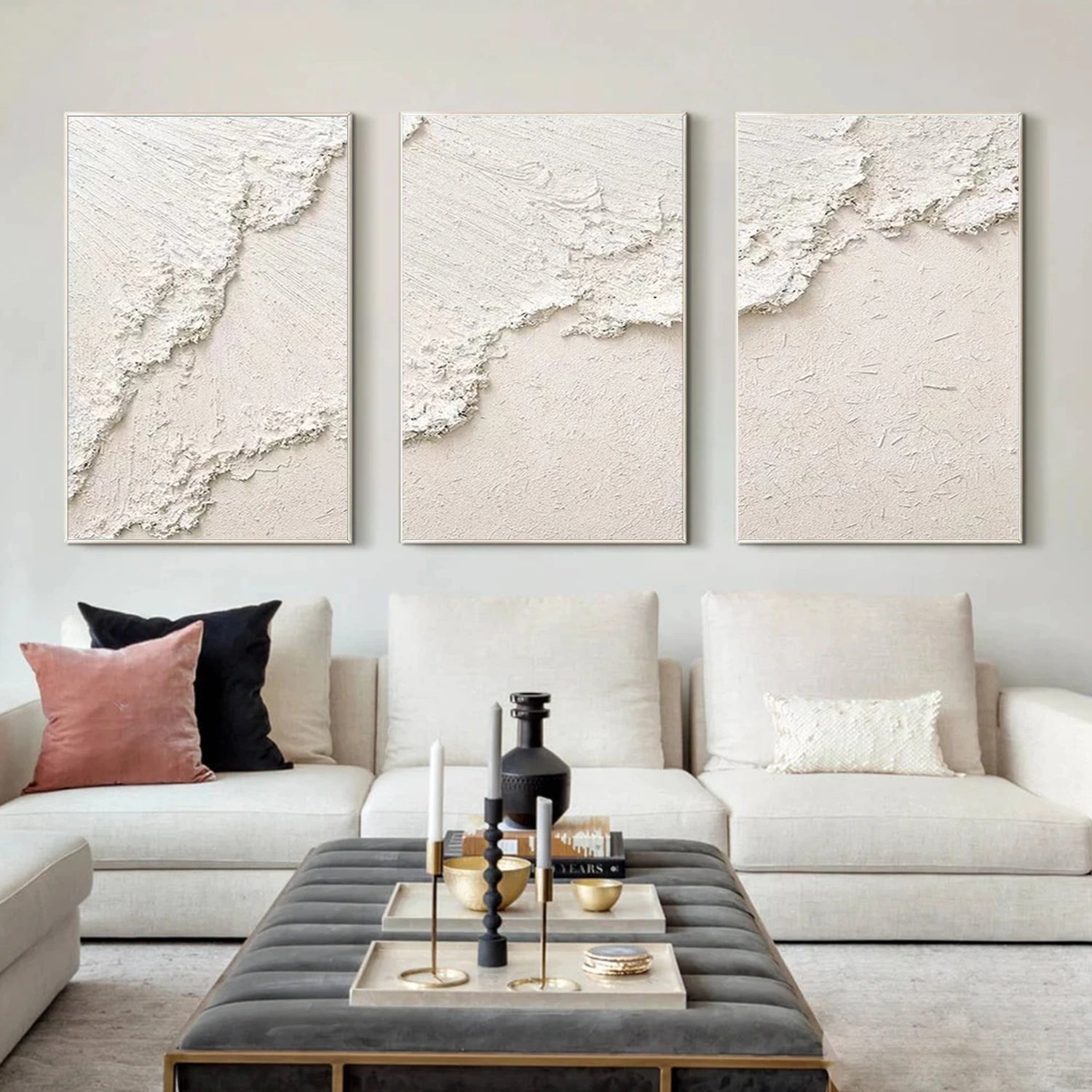 White Minimalist Ocean And Sky Textured Canvas Art Set of 3 #OC112