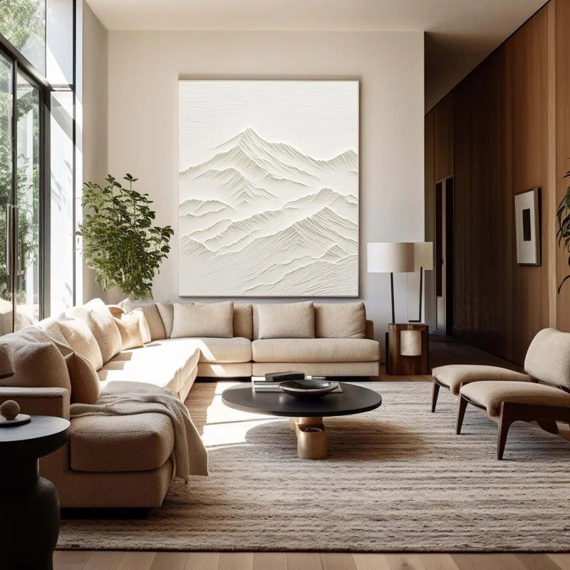 White Minimalist Mountain Textured Canvas Art #BT001