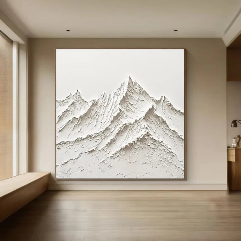 White Minimalist Mountain Textured Canvas Art #BT013
