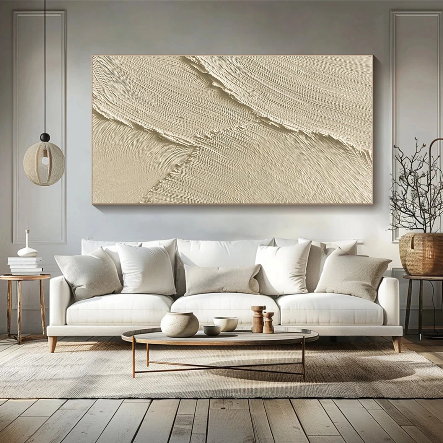 Beige Minimalist Ocean And Sky Textured Canvas Art #OC153