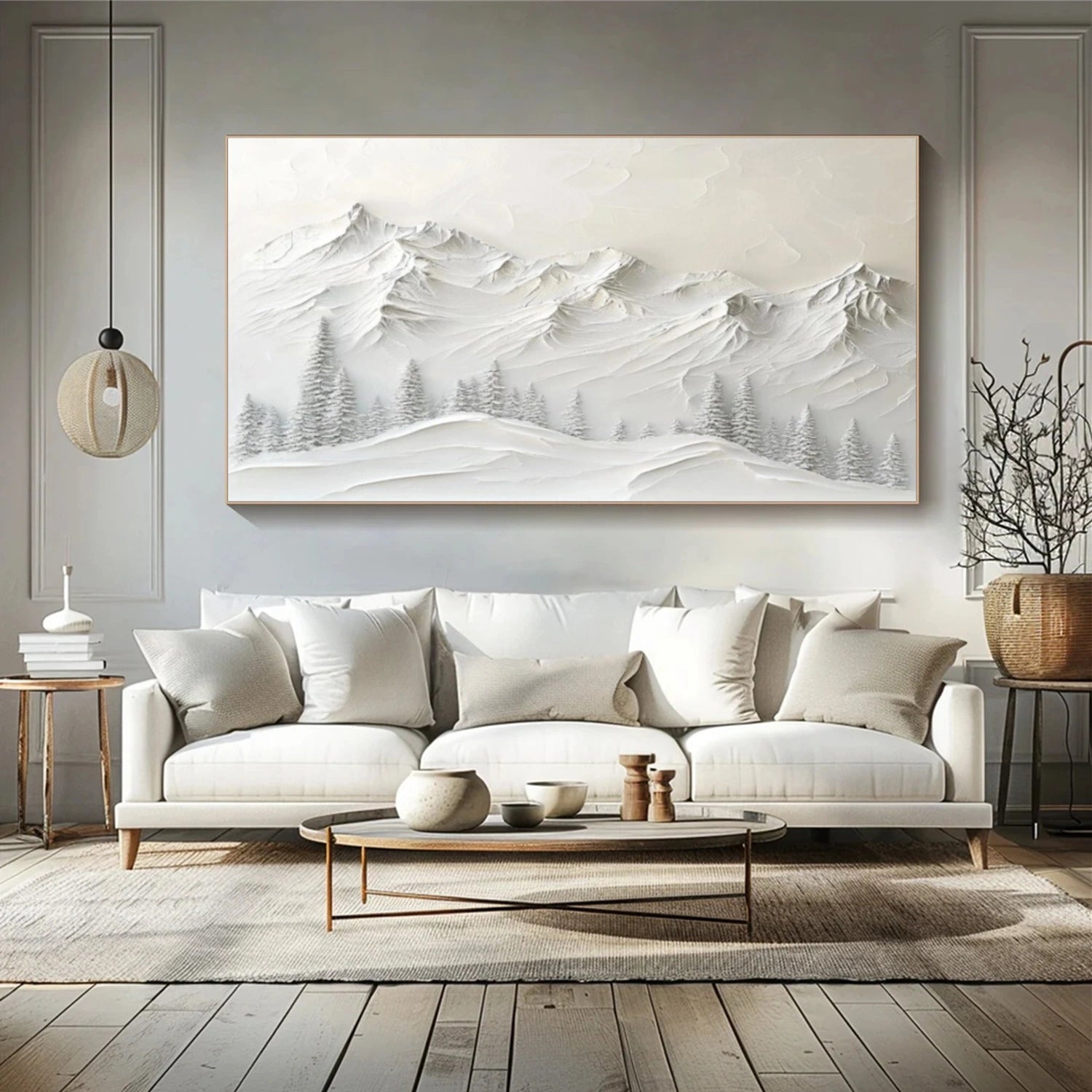 White Minimalist Mountain Textured Canvas Art #BT047