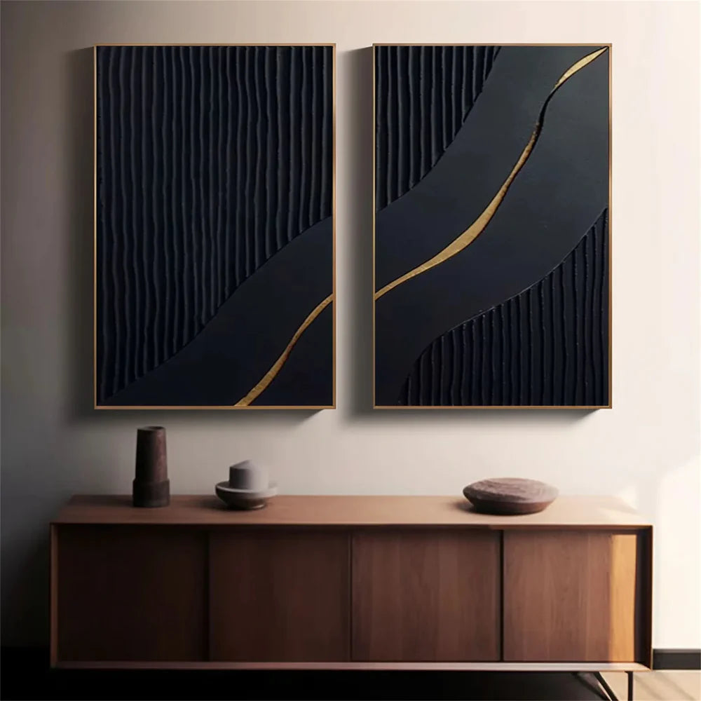 Black Minimalist Textured Canvas Art Set of 2 #WZ024