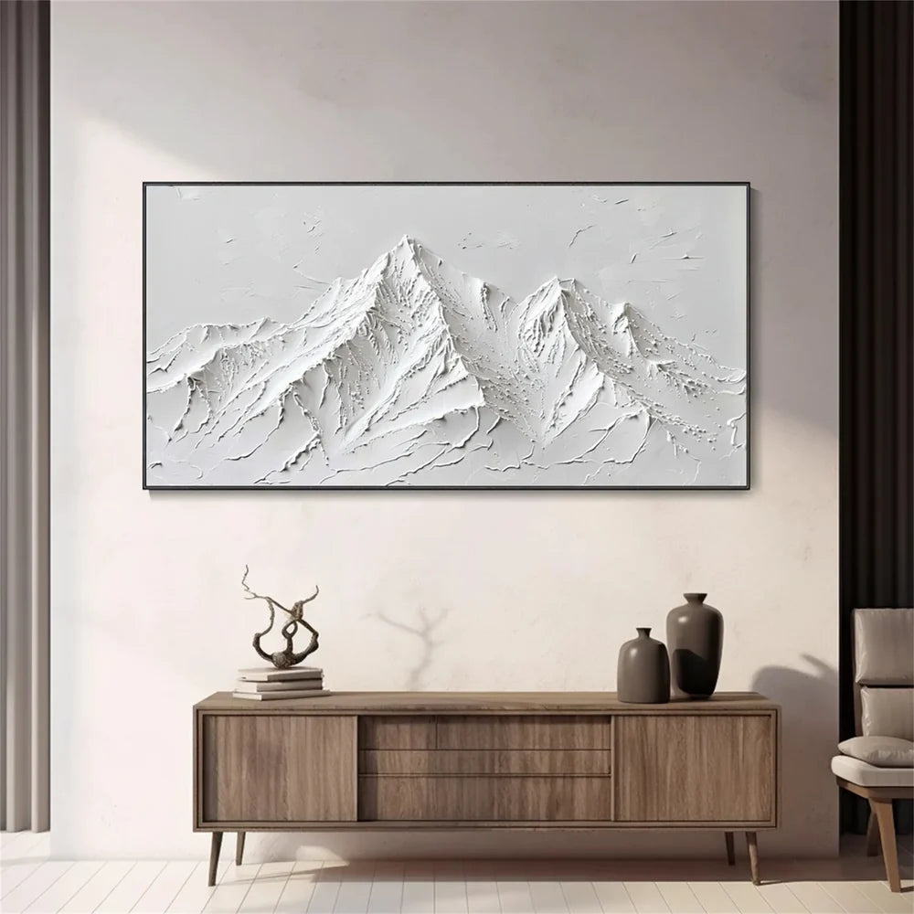 White Minimalist Mountain Textured Canvas Art #BT023