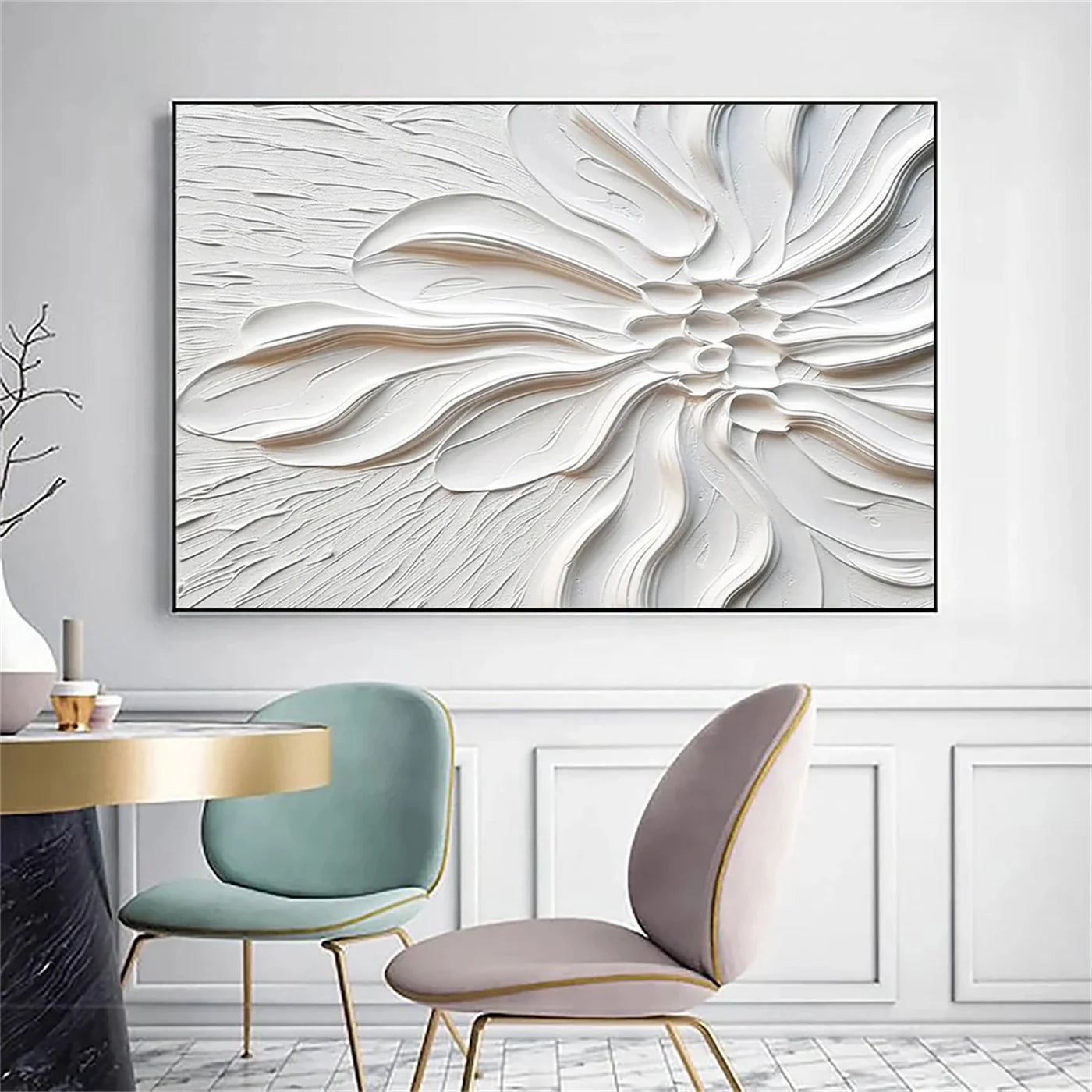 White Minimalist Flower And Tree Textured Canvas Art #MF020
