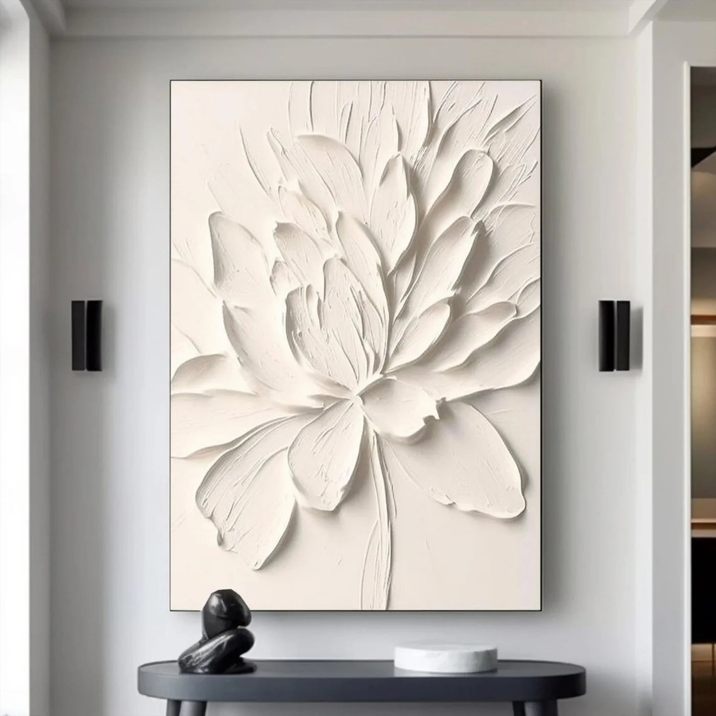 White Minimalist Flower And Tree Textured Canvas Art #MF022