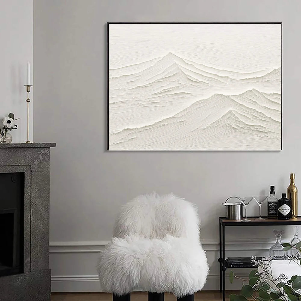White Minimalist Mountain Textured Canvas Art #BT008