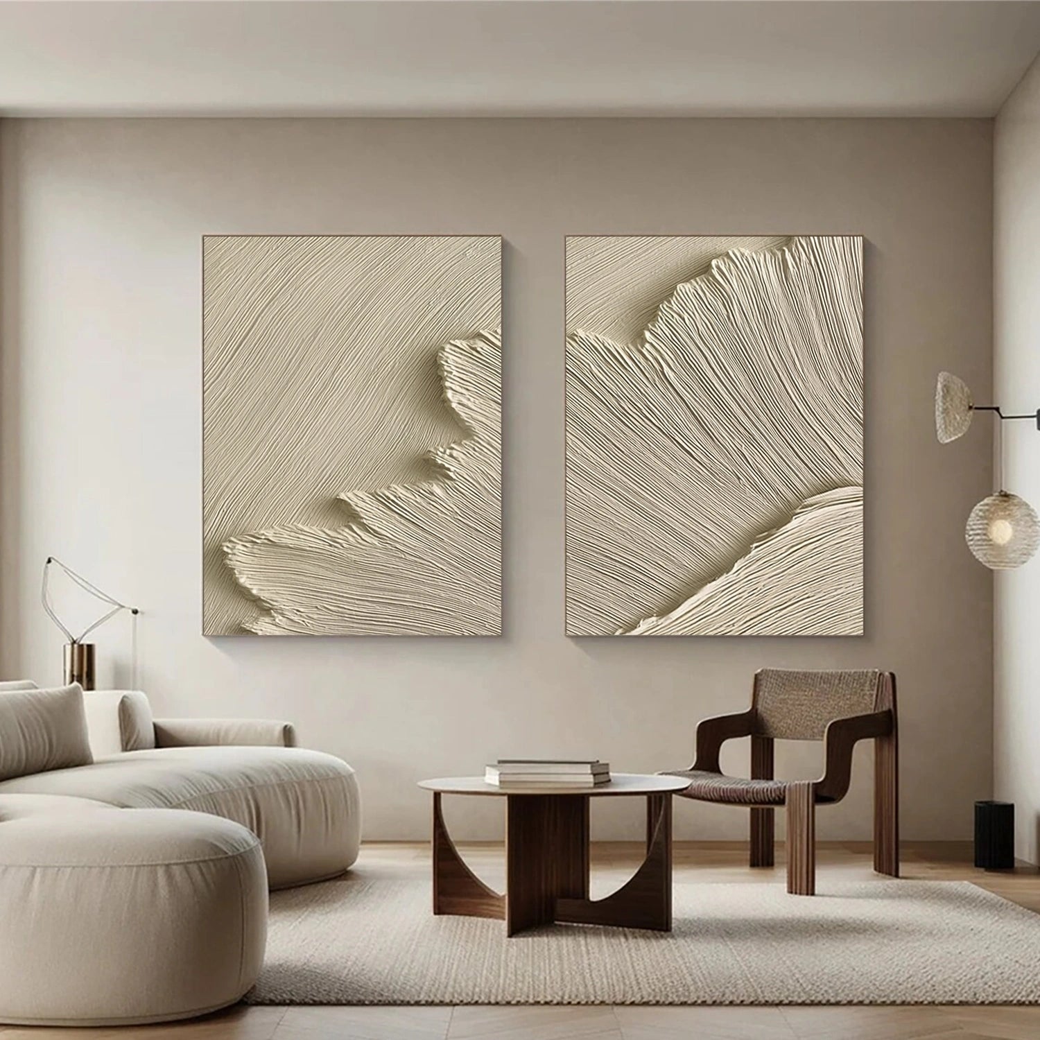 Beige Minimalist Ocean And Sky Textured Canvas Art Set of 2 #OC152