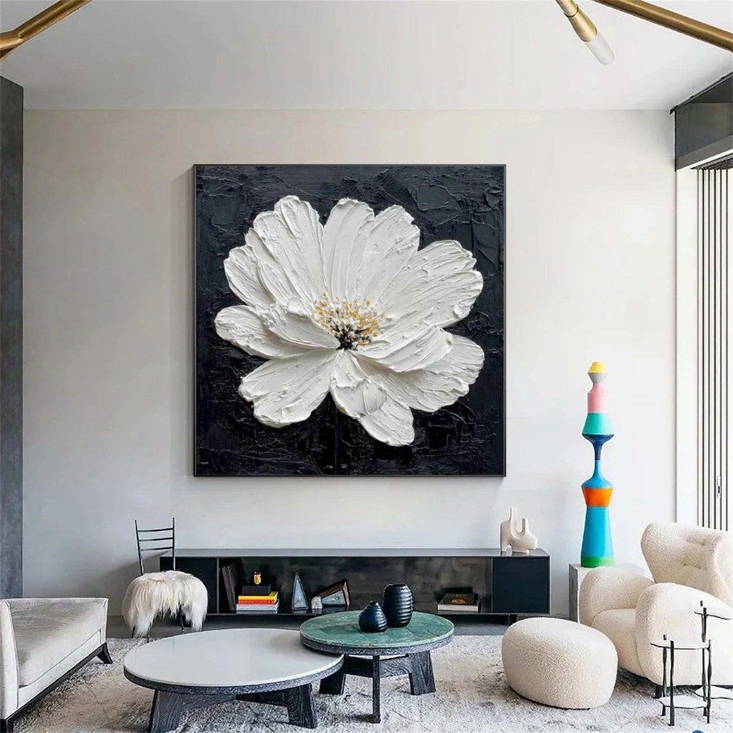 Black and White Minimalist Flower And Tree Textured Canvas Art #MF098
