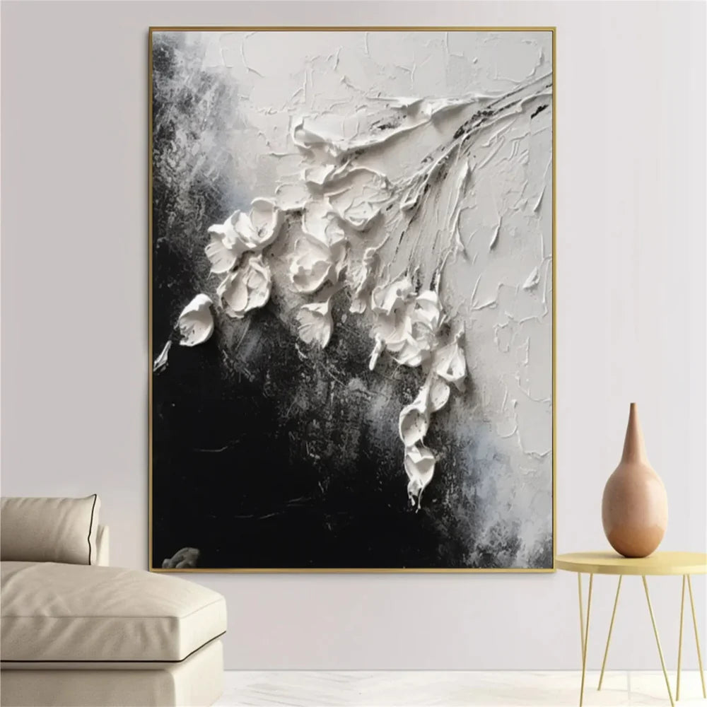 Black & White Minimalist Flower And Tree Textured Canvas Art #MF071