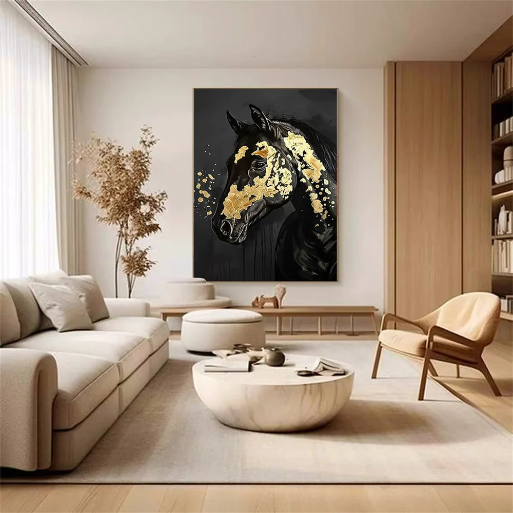 Black & Gold Abstract Animal Horse Canvas Art #DW059