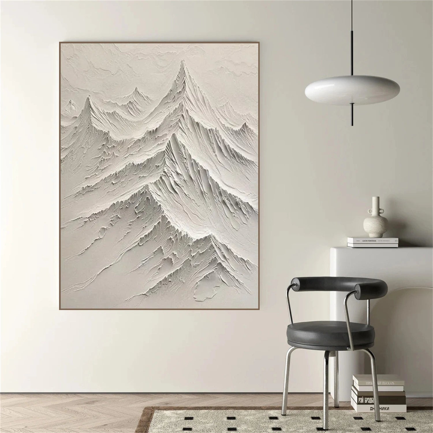 White Minimalist Mountain Textured Canvas Art #BT093