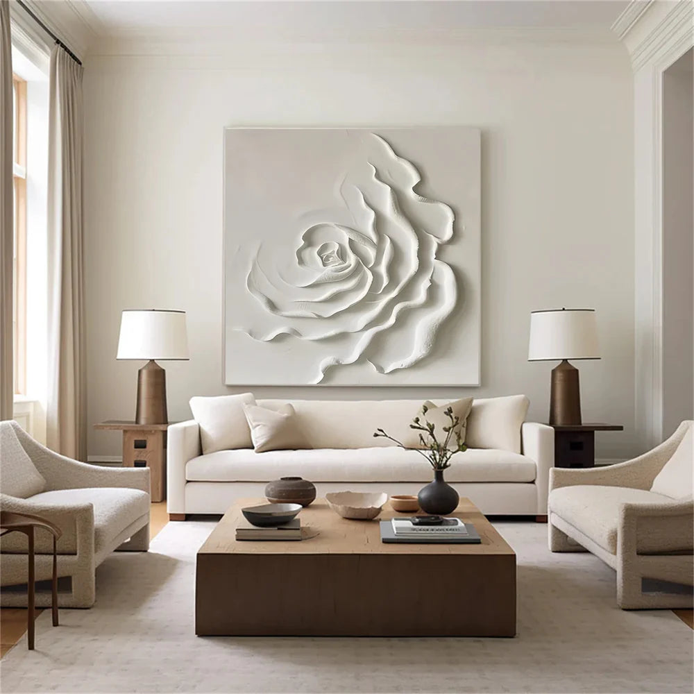 White Minimalist Flower And Tree Textured Canvas Art #MF016