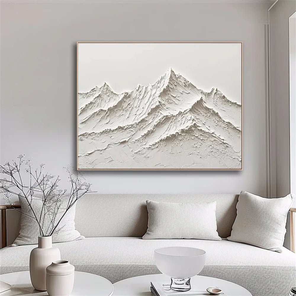 White Minimalist Mountain Textured Canvas Art #BT009