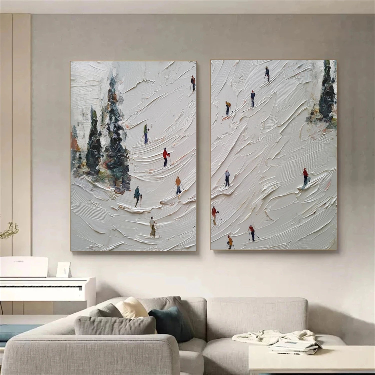 Skiing Sport Textured Canvas Painting Set of 2#PB070