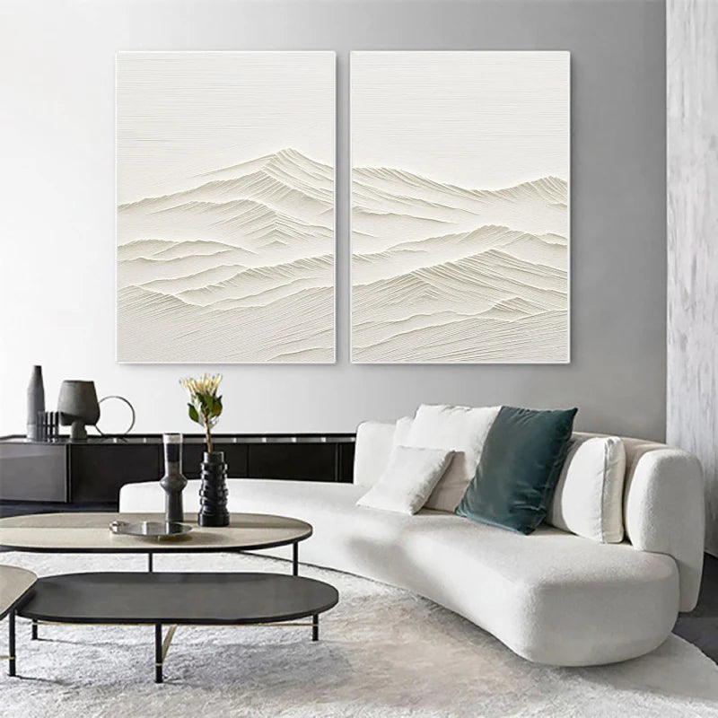 White Minimalist Mountain Textured Canvas Art Set of 2 #BT005