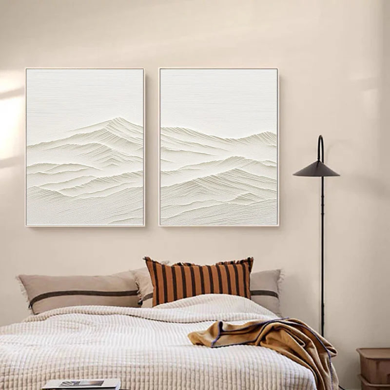 White Minimalist Mountain Textured Canvas Art Set of 2 #BT005