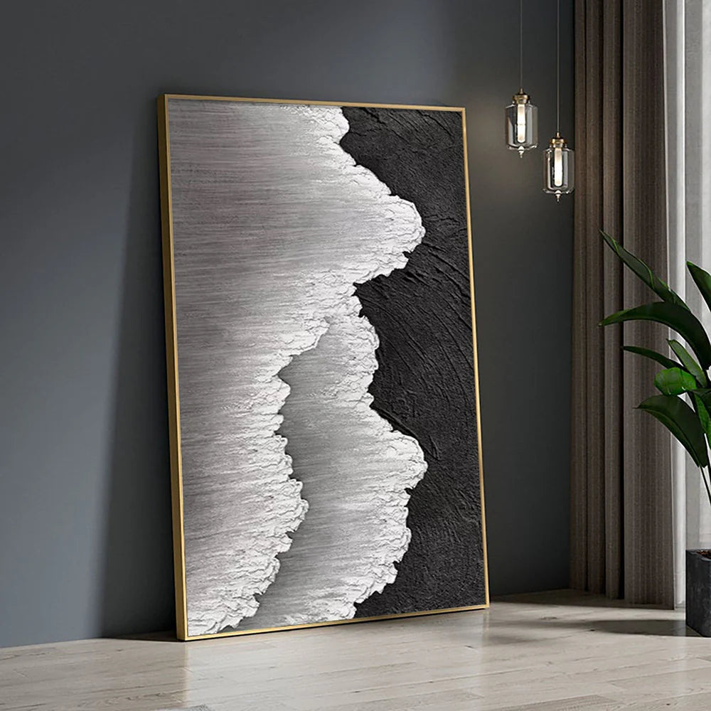Black & White Minimalist Ocean And Sky Textured Canvas Art #OC043