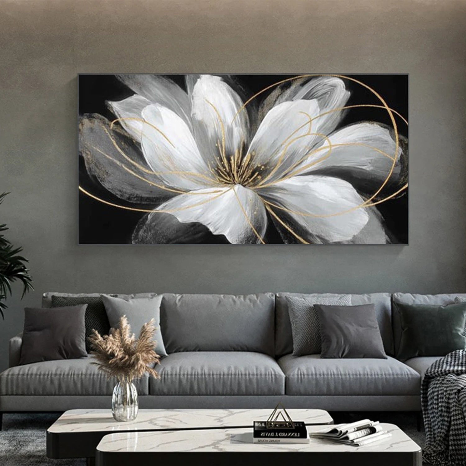 Black and White Minimalist Flower And Tree Canvas Art #MF169